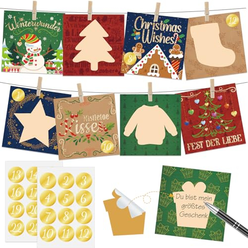 DPKOW Rubbellos Adventskalender Karten, 2025 Adventskalender Selber Machen Rubbellose, Glitzer DIY Personalisierter Adventskalender Karte Rubbel für Paar Freunde Familie, mit Aufklebern Clips Kordel