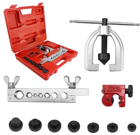 AVCXEC Kit di Cartellatrice per Condizionamento con Tagliatubi Rame, Kit di Cartellatrice Tubi Rame, Svasatore Tubi Rame, Cartellatrice con Frizione per Condizionamento per Tubi Freno Doppi e Singoli
