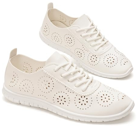 GLAMORA Zapatos Mujer Cordones Calados Transpirables Cómodos Ligeros Suela Flexible Antideslizante Plantilla Blanda Punta Fina Calzado Verano Ajuste Cómodo white-39