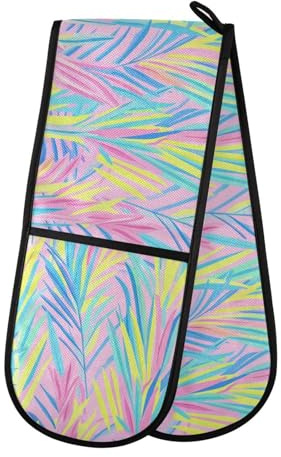 Dual-functionality Mittens and Pot Holder Set Heat Resistant Pot Holder Gloves Kitchen Aid Cooking (Tropical Plants Simple)