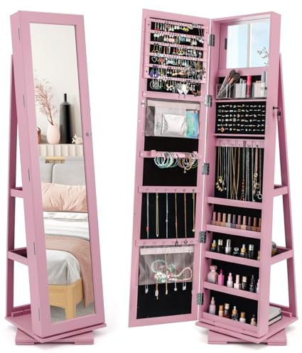GOPLUS 3 in 1 Schmuckschrank mit spiegel, Spiegelschrank stehend, 360°drehbar, abschließbar, Standspiegel Schmuck Organizer mit großem Stauraum & Ablagefächern für Schlafzimmer (Rosa)