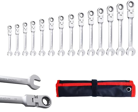 CCLIFE Set di 14 chiavi a cricchetto snodate, chiavi a cricchetto ad anello da 6-22 mm, Cr-V 72 denti, set di attrezzi per riparazione auto, flessibile a 180°, con custodia inclusa