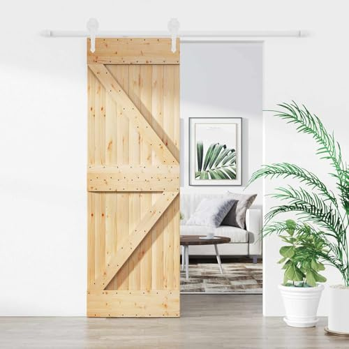 PUGYNBK Porta scorrevole in pino massiccio bianco naturale, 70 x 210 cm, design salvaspazio con binario in acciaio verniciato a polvere e meccanismo scorrevole superiore per un funzionamento fluido