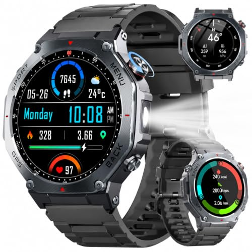 Reloj Inteligente Hombre Militar con GPS y Linterna LED, 5ATM Smartwatch con Brújula llamadas Bluetooth Pulsómetro Oxímetro Sueño, 1.43AMOLED Reloj Deportivo con 160+Modos Deportivos para IOS Android