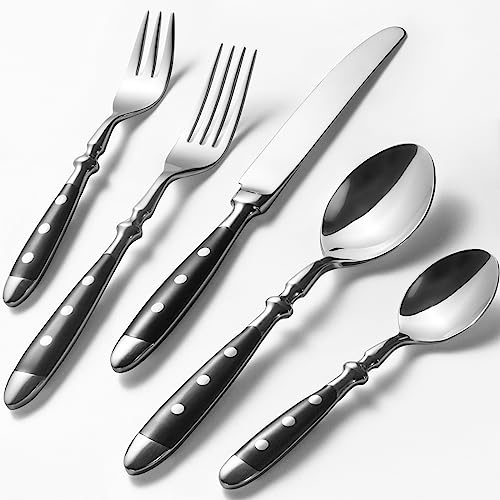 Alata Besteck Set für 12 Personen - Rustikales Tafelbesteck Set aus Edelstahl mit schwarzen Griffen - Schwer und Geschmiedet- 60-teilig - Serie Berlin