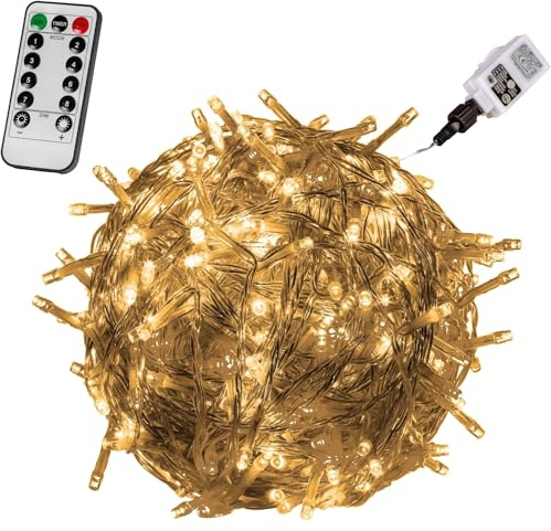 VOLTRONIC LED Lichterkette, IP44, Modell- und Farbwahl, 50 LEDs, Transparentes Kabel, warmweiß, Fernbedienung