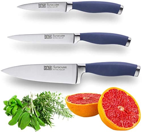 Taylors Eye Witness Syracuse Kitchen Knife 3pce Set - Paring 9cm/3.5”, Chefs 15cm/6” & Cooks All Purpose 13cm/5” Cutting Edge. Ultra Fine, Razor Sharp Blade. Soft Textured Grip Denim Blue Handle.