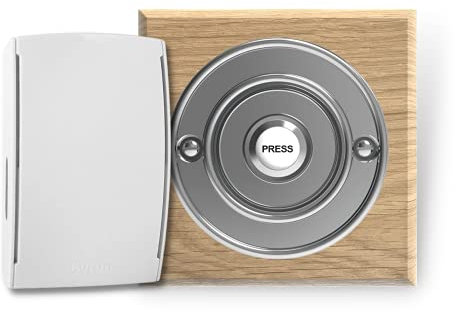 Byron Wireless Doorbell Kit with Period Style Chrome Bell Push on a 110mm Square Natural / Unvarnished Oak Plinth