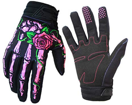 MHGLOVES Vollfingerhandschuhe, Skeleton Motocross Touchscreen Anti Slip Stoßfest Outdoor Sports Handschuhe, Radfahren Fahrrad Motorrad Monster Handschuhe (Unisex),Rosa,L