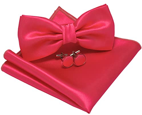 JEMYGINS Fliege Herren Pink Satin Zweifach Gefaltet und Einstecktuch mit Manschettenknöpfe Sets(13)
