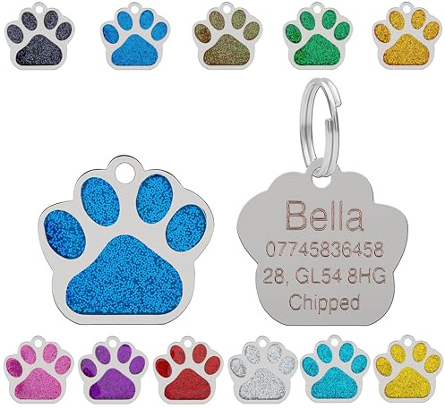 Personalised Engraved Pet Tag for Pets | Vibrant Paw Print Shape Glitter Stainless Steel ID Tags for Dog & Cat | Anti-Lost for Puppy, Kitten Etc | 27mm Wide (Blue)