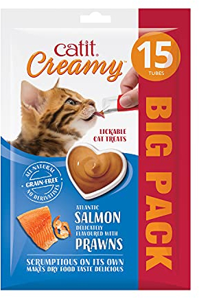 Catit Creamy flüssigkeitsspendende Leckpaste für Katzen mit Lachs und Garnelen, 15 x 10g