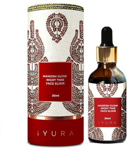 iYURA Manjish Glow Night Time Face Elixir | Feuchtigkeitsspendendes Gesichtsöl | Für eine strahlende und klare Haut | Mit Manjistha und Zitrone | 30 ml