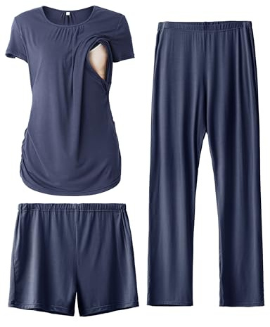 SUNNYBUY Conjunto de Pijama de Maternidad para Mujer, Camisa de Lactancia de Manga Corta, Pantalones Cortos y Pantalones de Embarazo, Ropa de Dormir de 3 Piezas