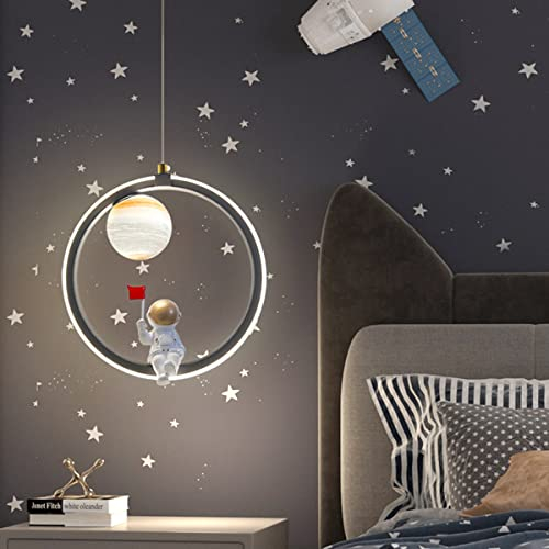 HKLY 16W Kinderzimmer Lampen LED Pendelleuchte, Moderne Cartoon-Astronauten Hängeleuchte für Kinder Mond Deckenleuchte Schlafzimmerlampe 3000K-6000K Höhenverstellbar Pendellampe für Mädchen Jungen,A