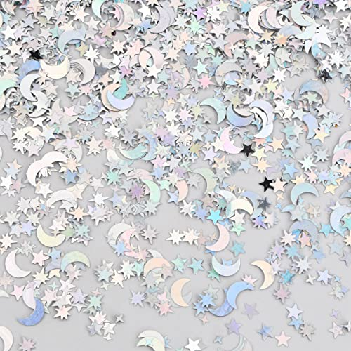 Vesaneae 30g 4000 Stück Stern und Mond Konfetti, Glitzer Konfetti Gold Silber Metallic, Stern Mond Pailletten, für Hochzeit Feste Party Geschenk Deko Handwerk DIY Fensterdeko (Silber)