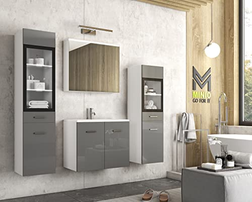 MINIO go for it - Badezimmermöbel Set Marit 2, mit LED-Belechtung, Wandspiegelschrank, Schrank mit Waschbecken, Farbe: Weiß Matt/Grau Hochglanz