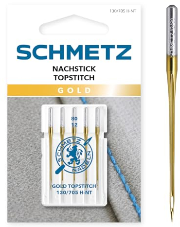 SCHMETZ | 5 Nähmaschinennadeln | Gold Nachstick (Topstitch) | 130/705 H-NT | Nadeldicke 80/12 | auf jeder gängigen Haushaltsnähmaschine und Haushaltsstickmaschinen einsetzbar