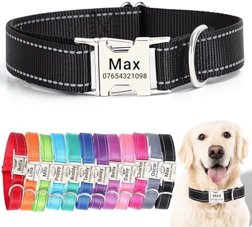 SEOUGEE Personalised Dog Collar with Engraved Metal Buckle, Reflective Nylon Collars for Small Medium Large Dogs with Custom Name Plate Phone Number, Adjustable (Black, S:Neck 30-40cm,Width 1.5cm)