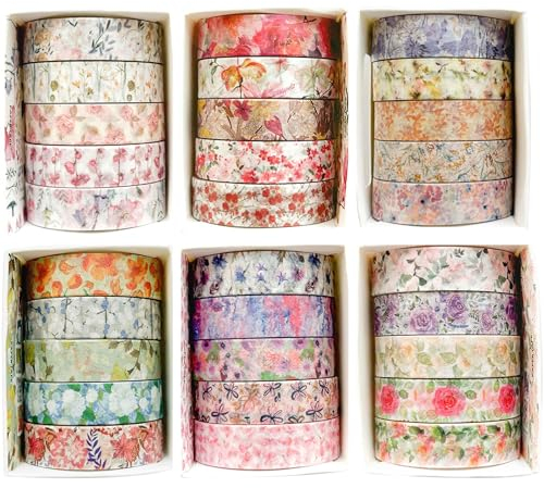YUBX 30 rouleaux Fleur Washi Tape Set Ruban Adhésif Papier Motifs floraux Décoratif Maigre Masking Tape pour Scrapbooking Artisanat de Bricolage (Blossoms Flourish)