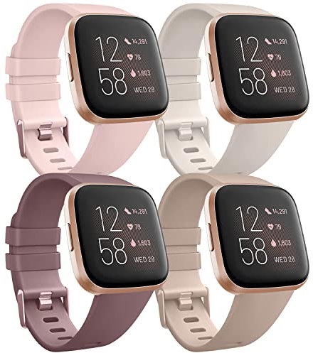 Mugust 4PACK Correas para Fitbit Versa 2 Mujer Hombre,Correas Silicona Pulseras de Repuesto para Fitbit Versa/Versa 2/Versa Lite/Versa SE(S,Rosa/Starlight/Marrón/Humo morado)