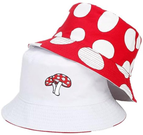 LANLYLGQ Fischerhut Beidseitig Tragen Unisex Herren Damen Sonnenhut UV Schutz Sommerhut Bucket Hat (Baumwolle, Pilz-Rot)