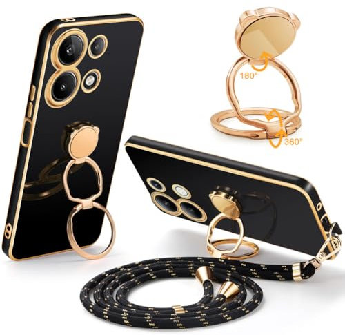 Mkej Coque pour Xiaomi Redmi Note 13 4G Coque avec Cordon, avec DIY Rotatif Anneau Support Antichoc Souple Silicone avec Collier Amovible Réglable Étui pour Xiaomi Redmi Note 13 4G Housse