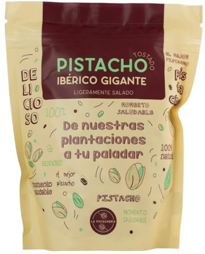 Pistacho Ibérico Gigante Tostado Natural Ligeramente Salado Snack Saludable Gourmet Origen Español Bolsa Resellable Fuente Fibra Proteína Crocante Ideal Aperitivo Vegano (Bolsa de 250 gr)