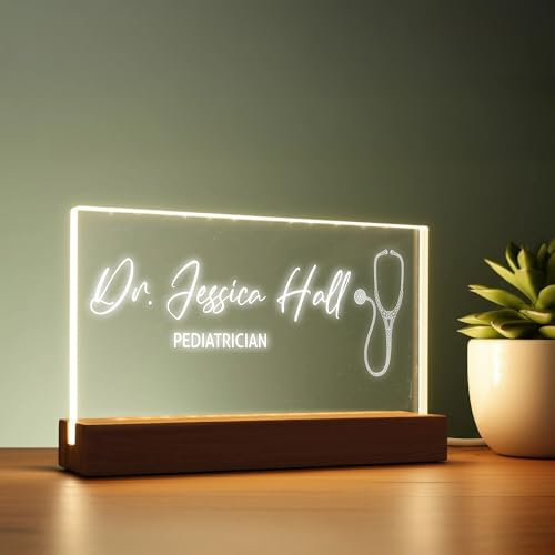 Placa de identificación LED acrílica personalizada de 1 cm de grosor con diseño de estetoscopio, letrero de nombre de oficina grabado, accesorios de escritorio de médico, placa de identificación
