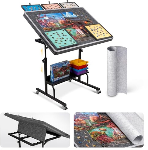 Tektalk Filztisch für Puzzles, mit Höhen- und Winkelverstellung, Puzzletisch mit Filzbezug & 5 Schubladen, Staffelei mit Beinen, ausgestattet mit 4 Rollen, für bis zu 1500-Teile-Puzzles – Grau
