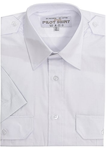 Maan Store Mens Pilot Shirts Short Sleeves Security Bus Driver Shirt with Shoulder Appellate Two Front Pockets, 17.5, White