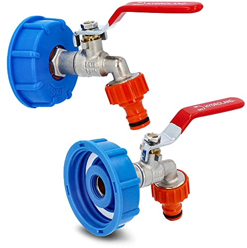 IBC Container Tank Verbinder Adapter Deckel Ø 2 x 3/4 Zoll Kugelhahn Messing Auslaufhahn + Schlauchanschluss Hahnverbinder | Wasserhahn Auslaufventil für Regentonne Regenwassertank Anschluss Zubehör