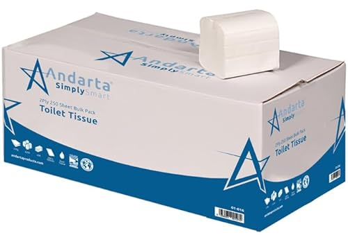Andarta Toilettenpapier, 2-lagig, Großpackung, 36 Stück, 250 Blatt pro Packung, starke und haltbare weiße Toilettenpapierrolle, 100 % Recycling-Tuch, ideal für Badezimmer und Büro.