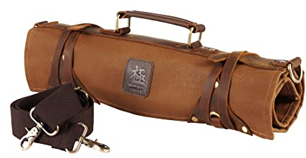 KYOKU Chef Knife Roll Bag, Kitchen Knife and Utensil Holder with 10 Slots 3 Cutlery Holders for Chef Knife Set, Crazy Horse Leather & Waxed Canvas Knife Roll Up Travel Bag with Adjustable Strap, Brown