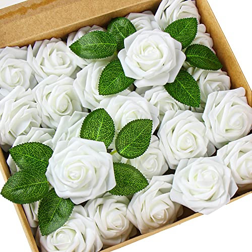 DERAYEE 25 rose artificiali, rose in schiuma, fiori fai da te, per matrimoni, bouquet da sposa, casa, feste, giardino, decorazioni (bianco)