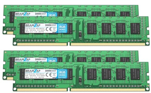 BRAINZAP Memoria RAM da 32 GB (4 x 8 GB), DDR3, DIMM PC3-12800U, 2Rx8, 1600 MHz, 1,5 V, CL11, per computer