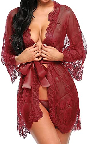 Tuopuda Babydoll Lingerie Sexy Erotico Donne Sexy Sleepwear Dress e G-String Set Camicia da Notte in Pizzo Pigiama Vestaglia Lace Reggiseno String, Vino Rosso, XL