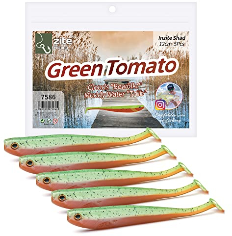 Zite Fishing Gummifische Zander Set – Inzite Shad 12cm Diverse Farben - 5STK Fängige Gummiköder Zanderangeln - Softbait Angelköder UV-Aktiv (Green Tomato)