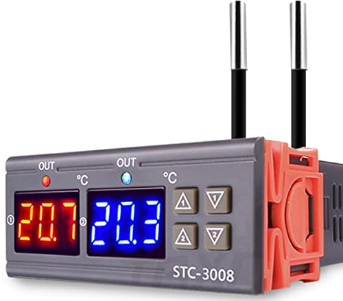 Greluma Controlador de termostato de temperatura STC-3008 AC 110V-220V, controlador de temperatura digital con pantalla doble y sensor de sonda NTC doble, modo de calefacción y refrigeración
