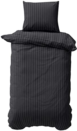 Class Home Collection Damast Bettwäsche 135x200 Mikrofaser 2 teilig Bettwäsche-Set mit Reißverschluss Gestreift Schwarz