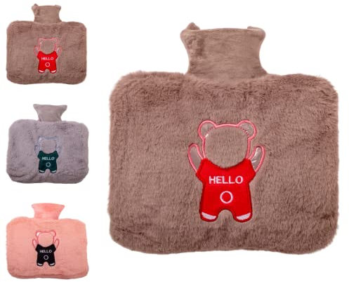 Ellie & Lewis Cuddly Hot Water Bottle with Cute Cover, Fluffy Cover with Embroidered Bear Gift, Hot Water Bottles for Adults and Kids, for Women, Men, Boys, Girls, 1.2L Large, Brown