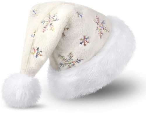 CITÉTOILE Weiße Weihnachtsmütze für Erwachsene, Plüsche Nikolausmütze für Damen und Herren, Warm and Dicker Weihnachtsmann Santa Nikolaus Mütze mit Regenbogen Pailletten Schneeflocke