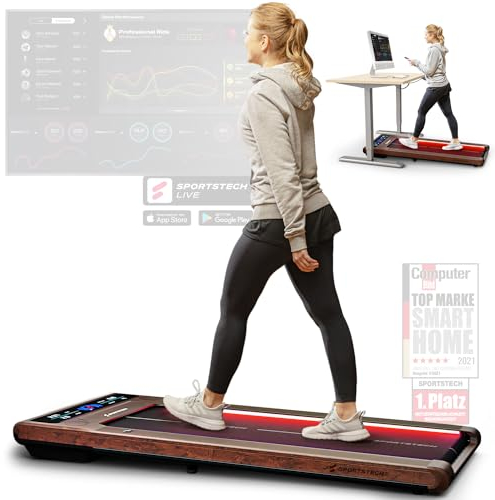 sWalk Walking Pad Laufband mit LED - Deutsche Qualitätsmarke - 1-6 km/h Geschwindigkeit mit interaktivem LCD-Display & App kompatibel - Flexibles Under Desk Schreibtisch (Holznussbraun)
