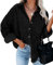 QIXING Hemdjacke Damen Herbst Winter Oversized Button Down Corduroy Dünne Jacket Cordjacke Damen Cord Hemd V-Ausschnitt Langarm Bluse mit Tasche Casual Jacke Musselin Bluse Damen (Schwarz, XXL)