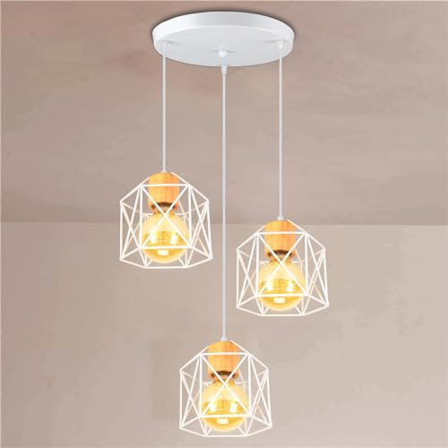 PETITES ECREVISSES Lampadario a Sospensione Vintage 3 Luci Industriale E27 Plafoniera Retro in Metallo gabbia Lampada da soffitto con legno per Cucina Salotto (Bianco-B-con base rotonda)