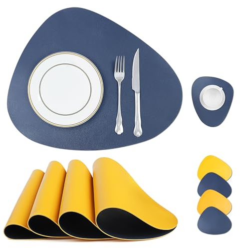 fanquare Set de Table Et Dessous de Verre en Cuir PU, Tapis de Table Rond Antidérapant Et Résistant À La Chaleur, Sets de Table pour Table À Manger Lot de 4, Bleu Et Jaune