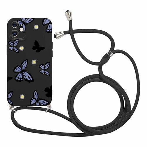Foonary Handykette Handyhülle für iPhone 11 6,1, Aesthetic Muster Hülle mit Band Kette Case, Slim Silikon Stoßfest Kratzfest Bumper Schutzhülle Cover mit Schnur Kordel, Schmetterling02