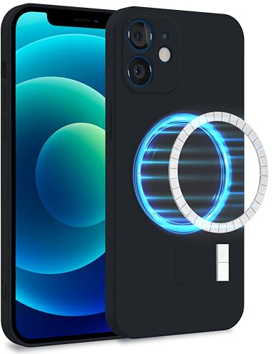 MyGadget Hülle für Apple iPhone 12 [ kompatibel mit MagSafe ] - Zweilagige Handyhülle mit Kameraschutz - Cover mit Innenfutter & Silikon außen - Schwarz