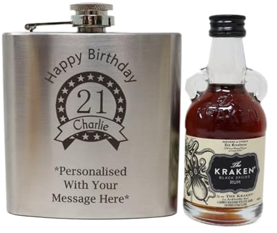 Personalised Silver Hip Flask & Miniature Alcohol - Birthday Design (Black Spiced Rum)