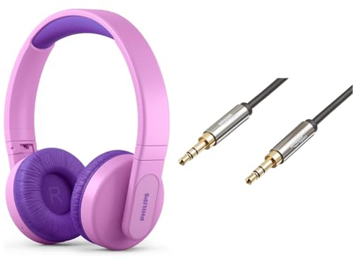 Philips TAK4206PK/00 Over Ear Bluetooth Kinder Kopfhörer Kabellos & Amazon Basics Auxiliary Kabel, Stereo-Audiokabel, 3,5 mm-Klinkenstecker auf 3,5 mm-Klinkenstecker, 1.2 m, Schwarz